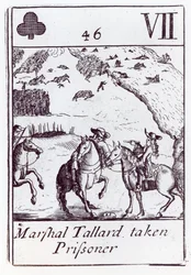 Marszałek Tallard wziął jeńca, siedem klubów w karty z zestawu upamiętniającego wojnę o sukcesję hiszpańską (1702-13)